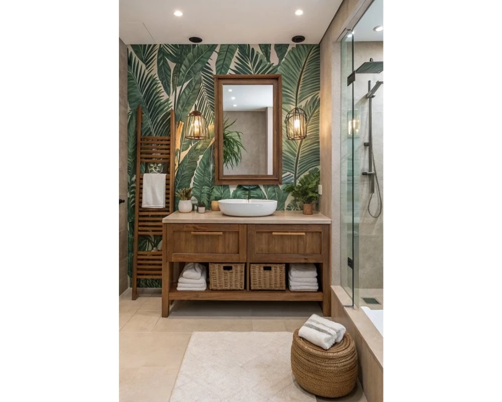 Mẫu phòng tắm Tropical sử dụng giấy dán tường họa tiết hoa lá
