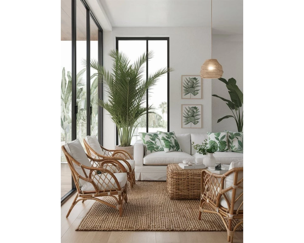 Phòng khách sử dụng tranh treo tường và gối tựa có họa tiết cây cỏ, hoa lá