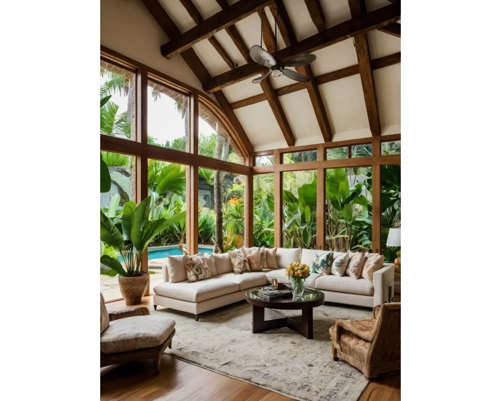 Mẫu phòng khách phong cách nội thất Tropical full cửa kính