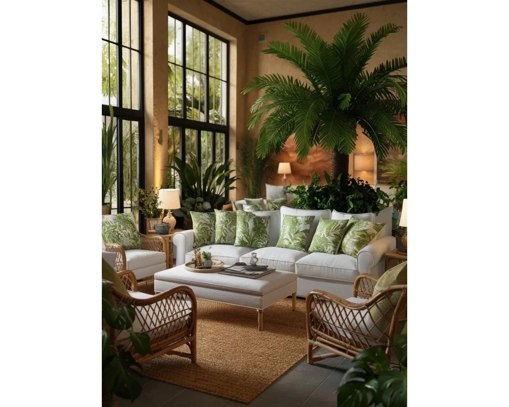 Mẫu phòng khách phong cách nhiệt đới kết hợp với tông màu cam ấm