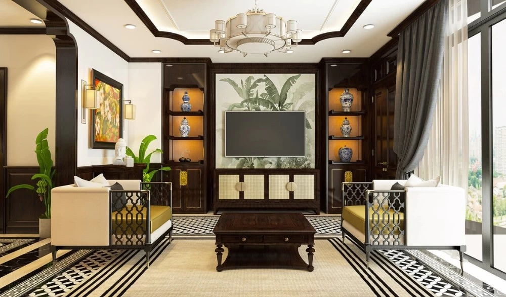 Phòng khách Indochine sử dụng lồng đèn truyền thống và các phụ kiện trang trí đậm chất Việt