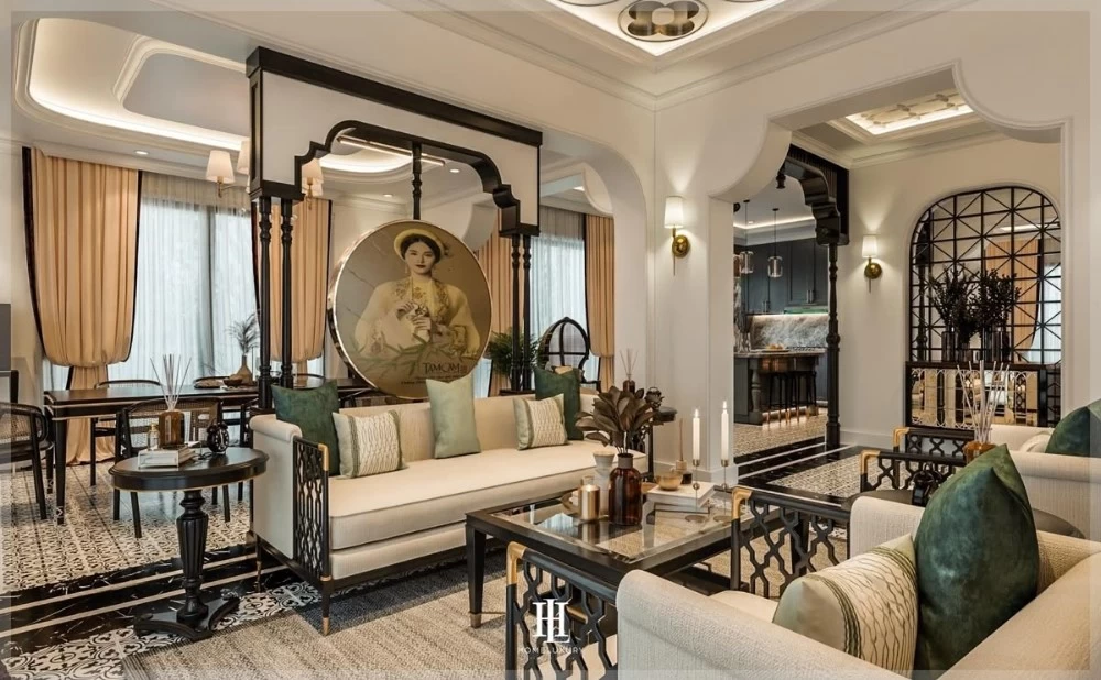 Mẫu thiết kế phòng khách Indochine có gam màu kem trang nhã