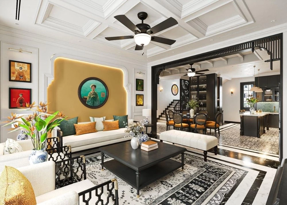 Mẫu thiết kế phòng khách phong cách Indochine sử dụng bảng màu nhiệt đới