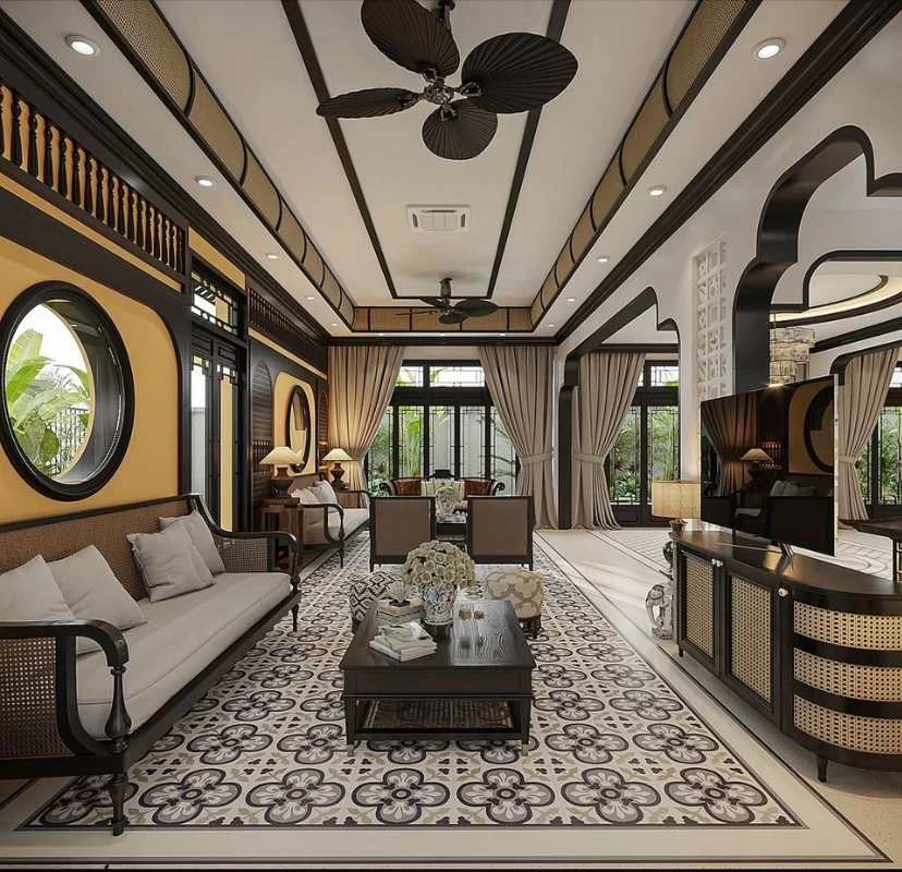 Mẫu thiết kế phòng khách Indochine sang trọng, tiện nghi