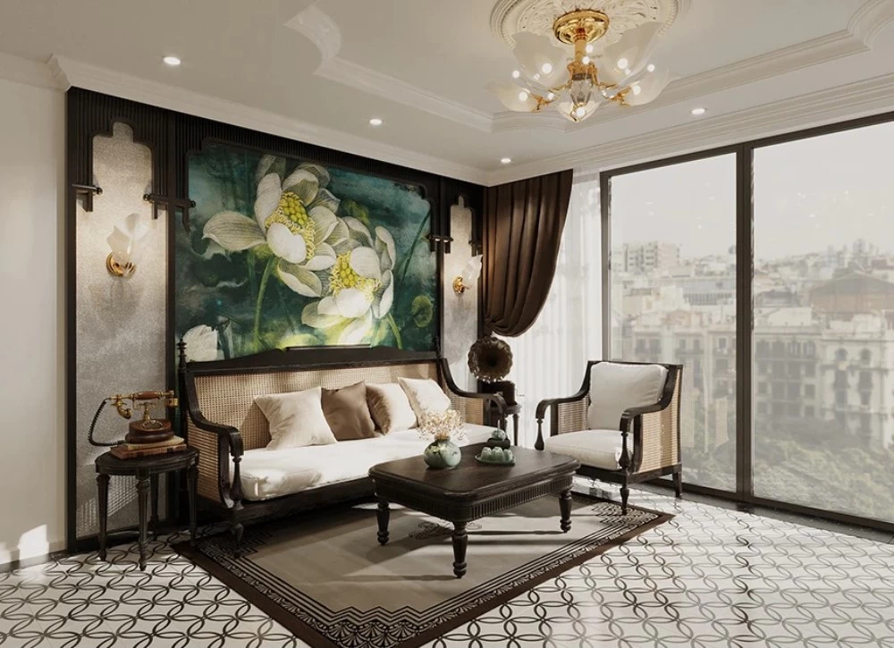 Mẫu thiết kế phòng khách phong cách Indochine cho căn hộ chung cư