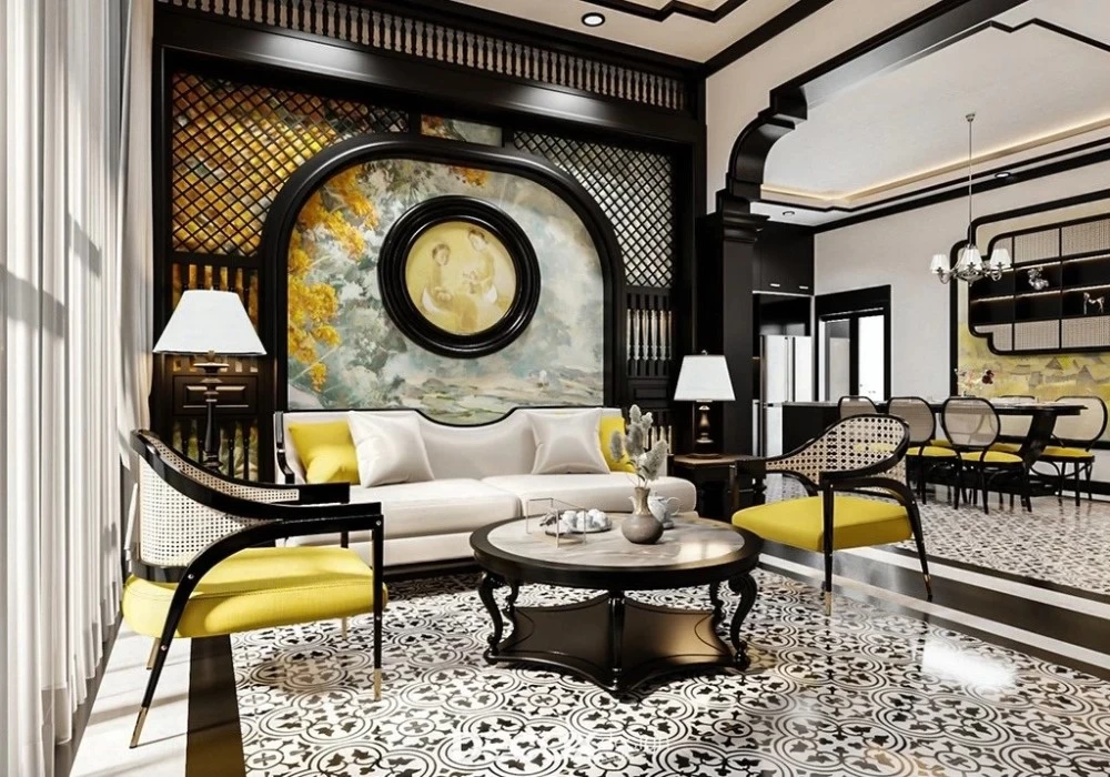 Mẫu thiết kế phòng khách Indochine sử dụng chất liệu gỗ cao cấp