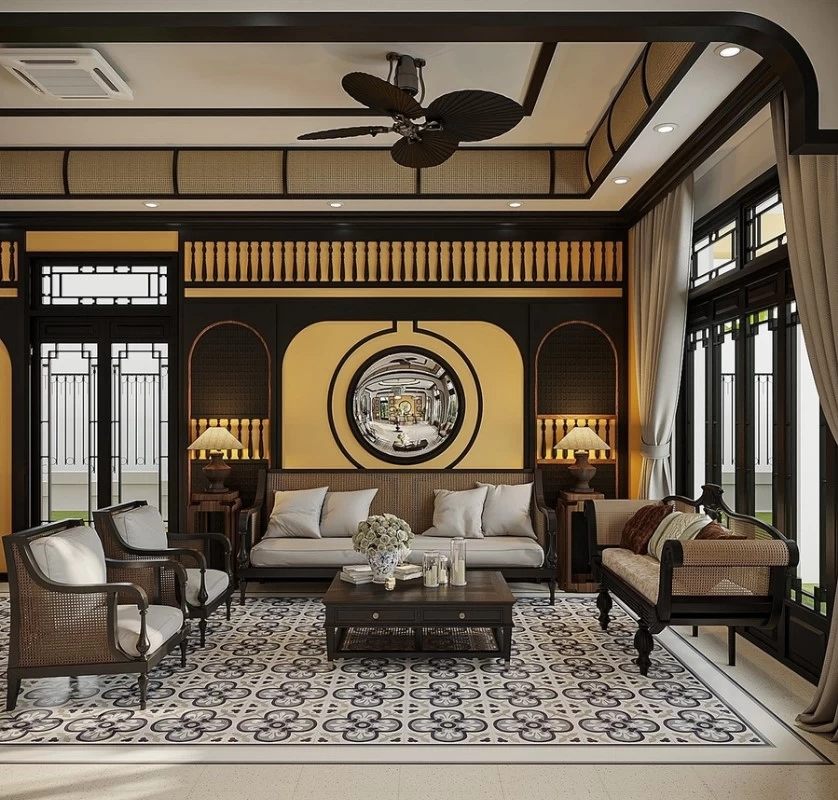 Mẫu thiết kế phòng khách phong cách Indochine hài hòa, ấn tượng