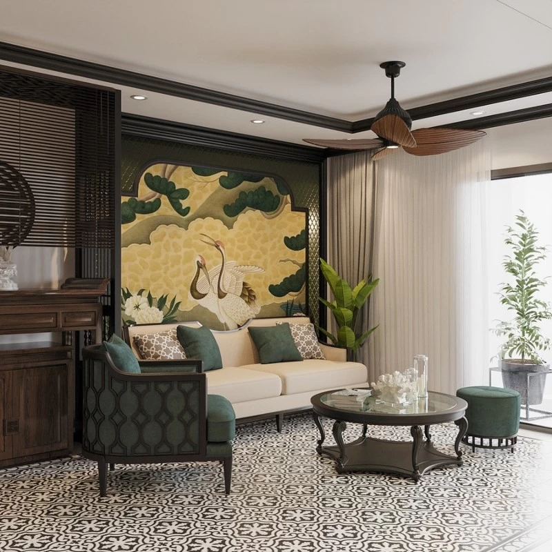 Mẫu thiết kế phòng khách Indochine sử dụng họa tiết hình thú, hoa lá