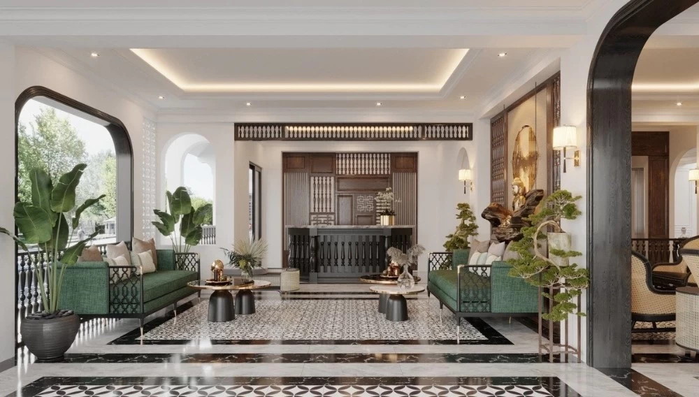 Phòng khách Indochine được lát gạch bông và sử dụng nội thất làm từ gỗ