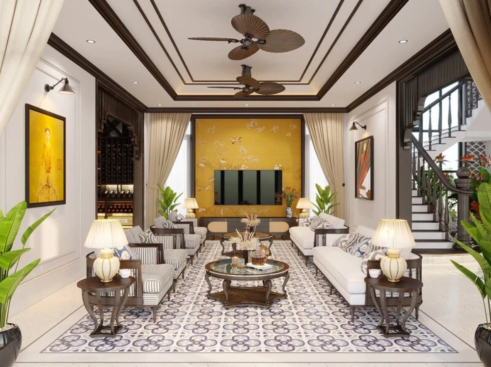 Phòng khách phong cách Đông Dương sử dụng sofa gỗ bọc đệm và quạt trần cánh gỗ