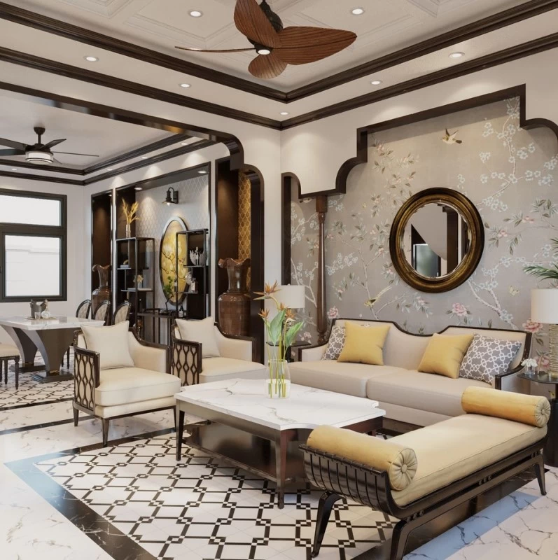 Mẫu thiết kế phòng khách phong cách Indochine sử dụng họa tiết hoa lá