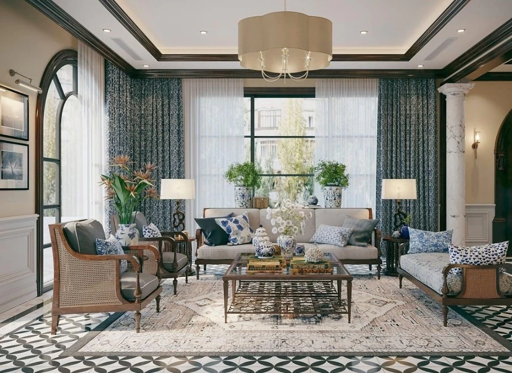 Mẫu thiết kế phòng khách Indochine sử dụng đèn chiếu sáng nghệ thuật