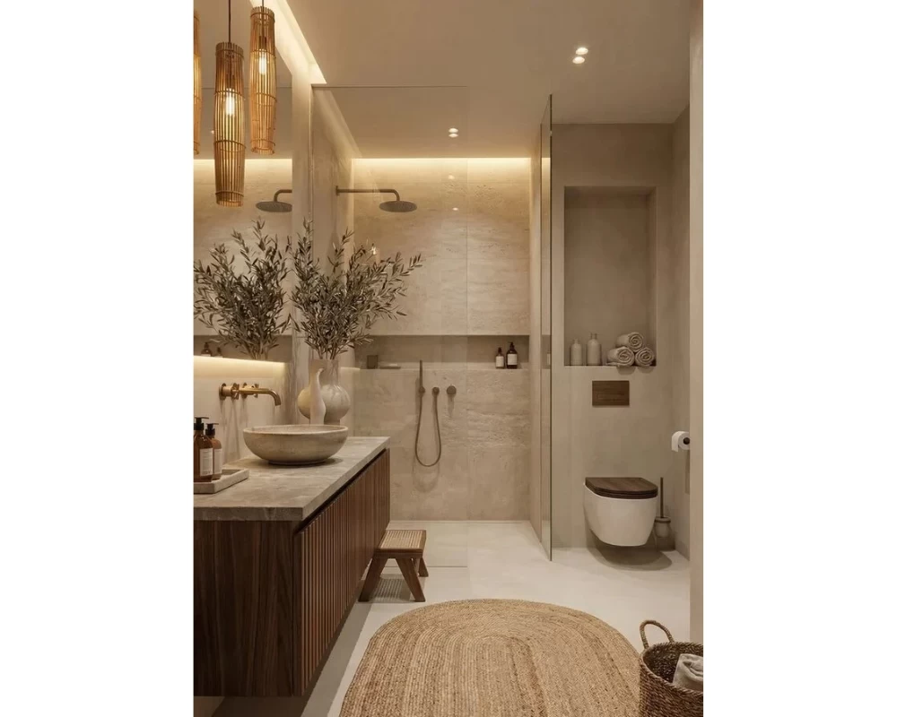 Mẫu thiết kế phòng tắm Japandi với tông màu be làm chủ đạo