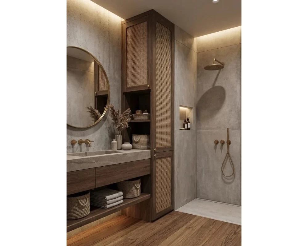 Mẫu thiết kế phòng tắm mang phong cách nội thất Japandi mộc mạc, gần gũi