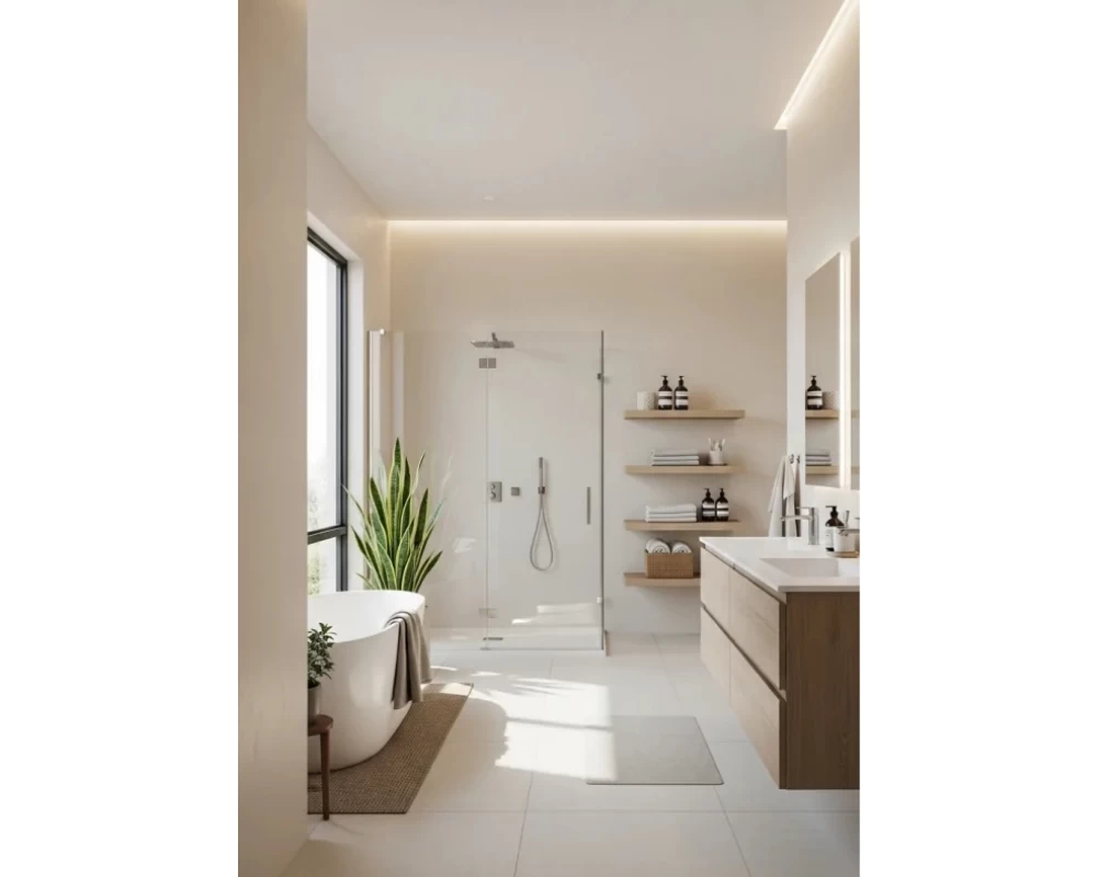 Mẫu thiết kế phòng tắm Japandi với tông màu trắng làm chủ đạo
