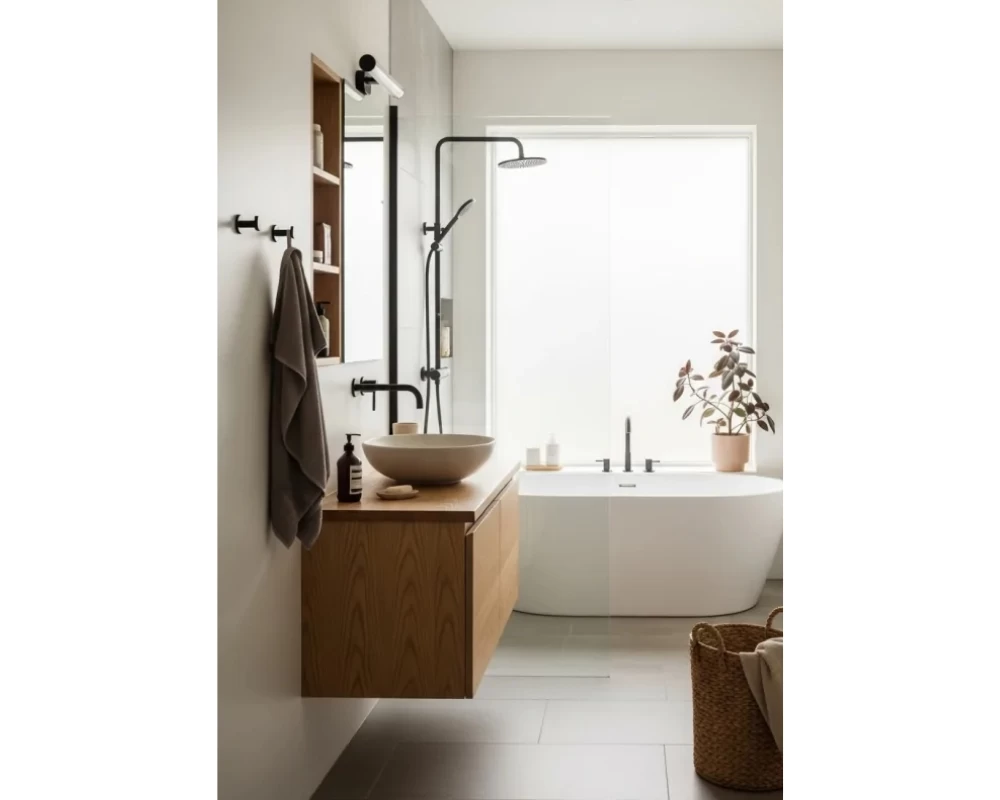 Mẫu thiết kế phòng tắm Japandi tối giản