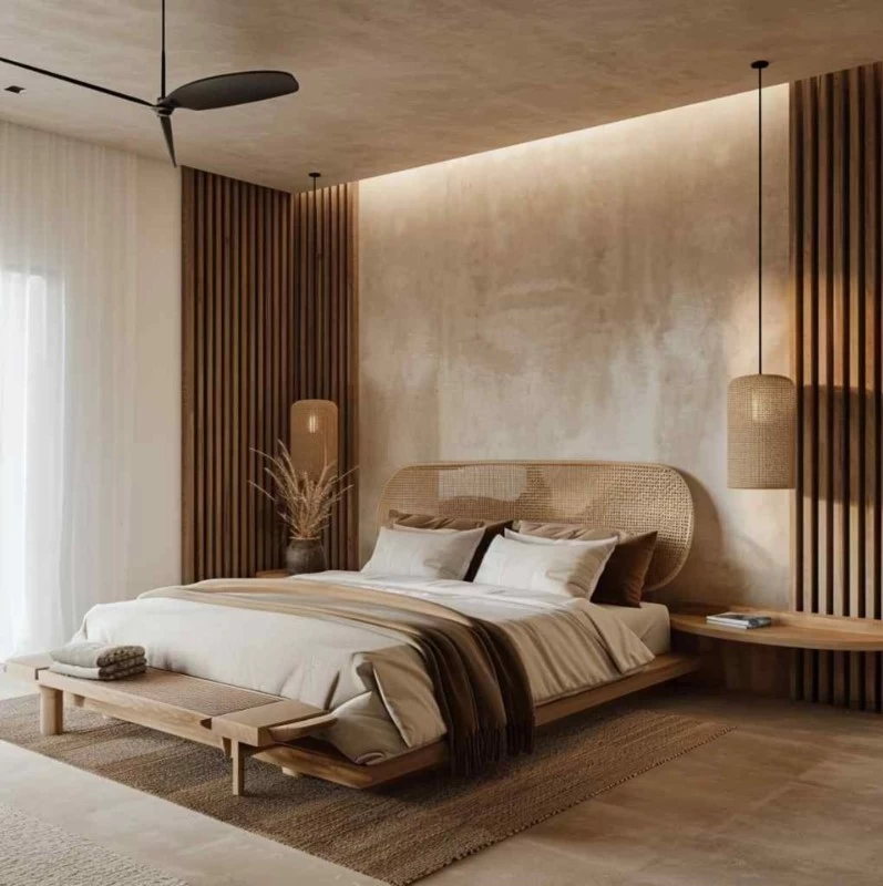Mẫu thiết kế phòng ngủ phong cách nội thất Japandi mộc mạc, ấm áp