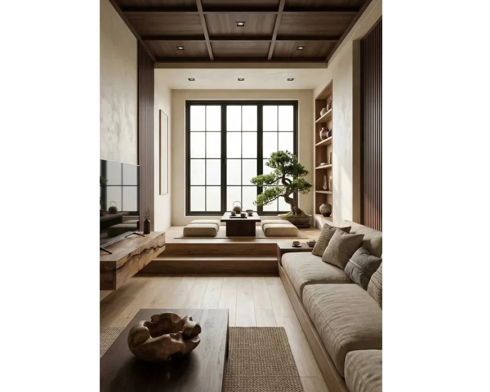 Mẫu thiết kế phòng khách theo phong cách nội thất Japandi tối giản