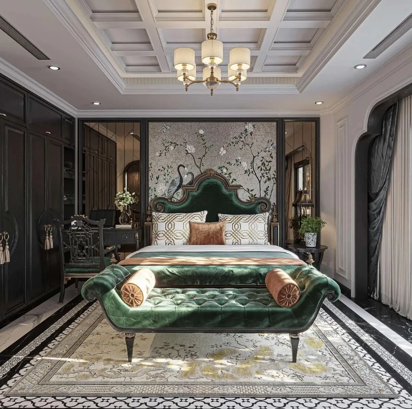 Giường ngủ sử dụng chất liệu vải nhung giúp gia tăng sự sang trọng cho không gian phòng ngủ Indochine