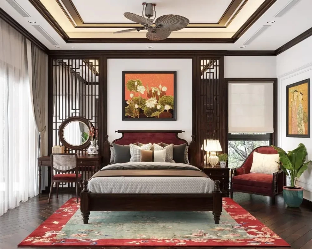 Phòng ngủ Indochine sử dụng tone màu đỏ hoàng gia