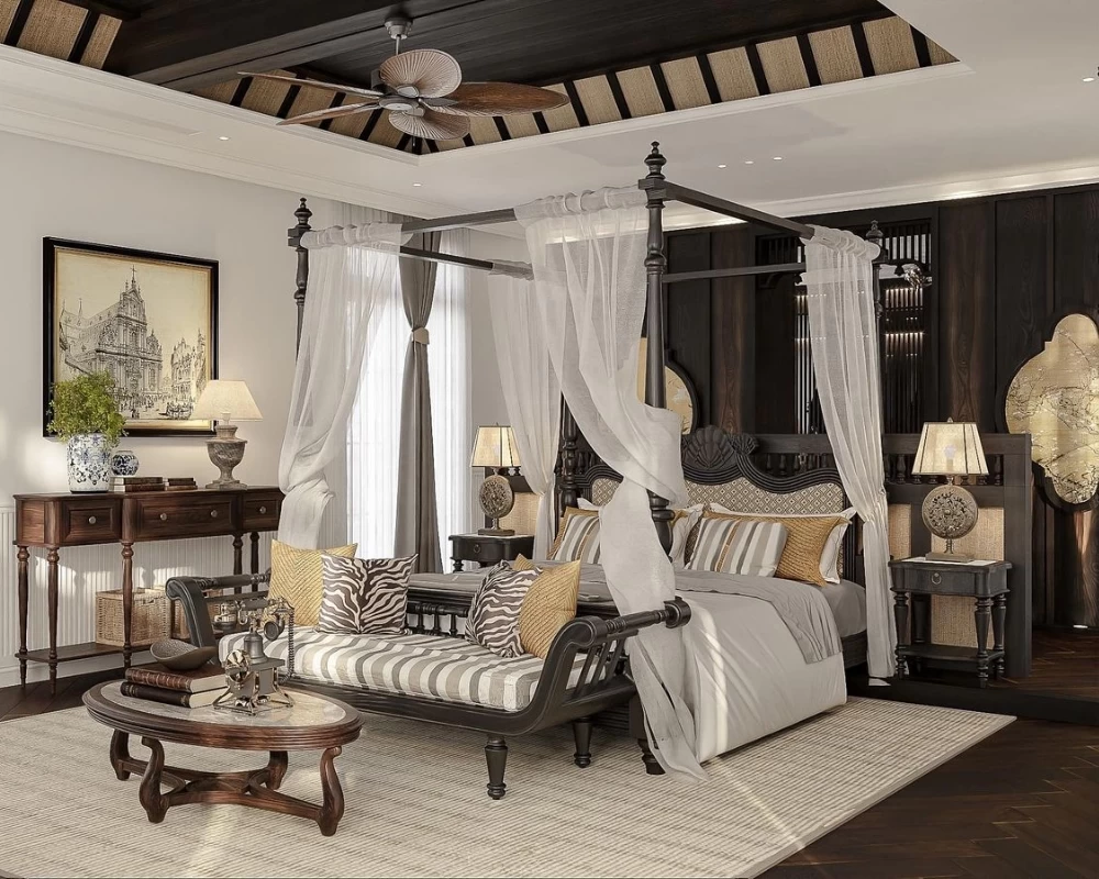 Phòng ngủ Indochine sử dụng gam màu kem nhã nhặn làm chủ đạo