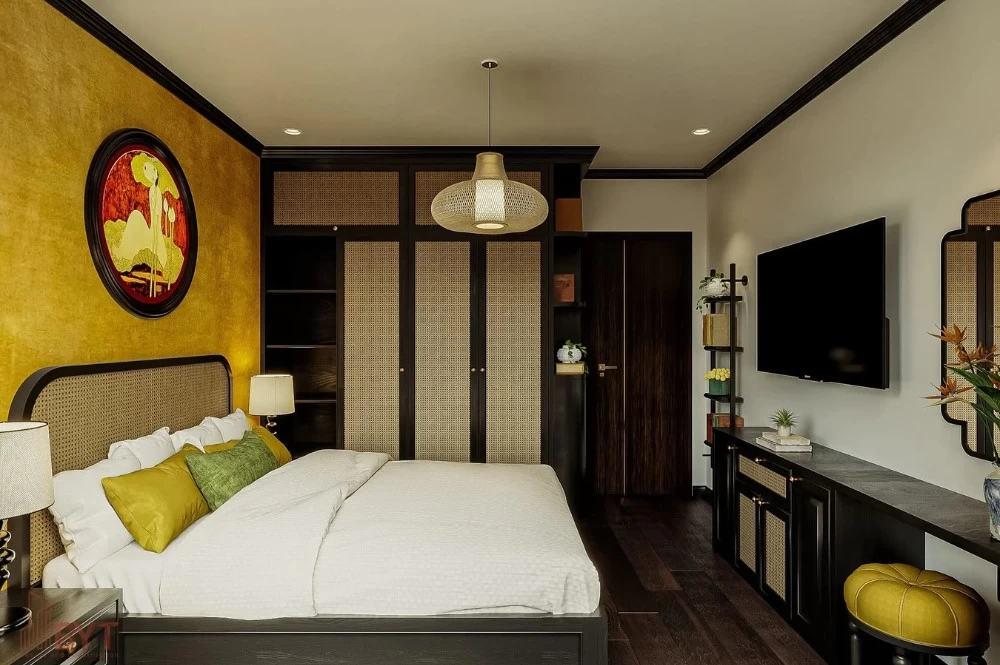 Phòng ngủ phong cách Indochine sử dụng tone màu vàng