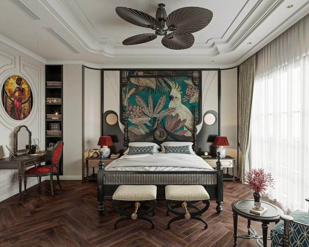Phòng ngủ Indochine có kết hợp bàn làm việc/ bàn trang điểm