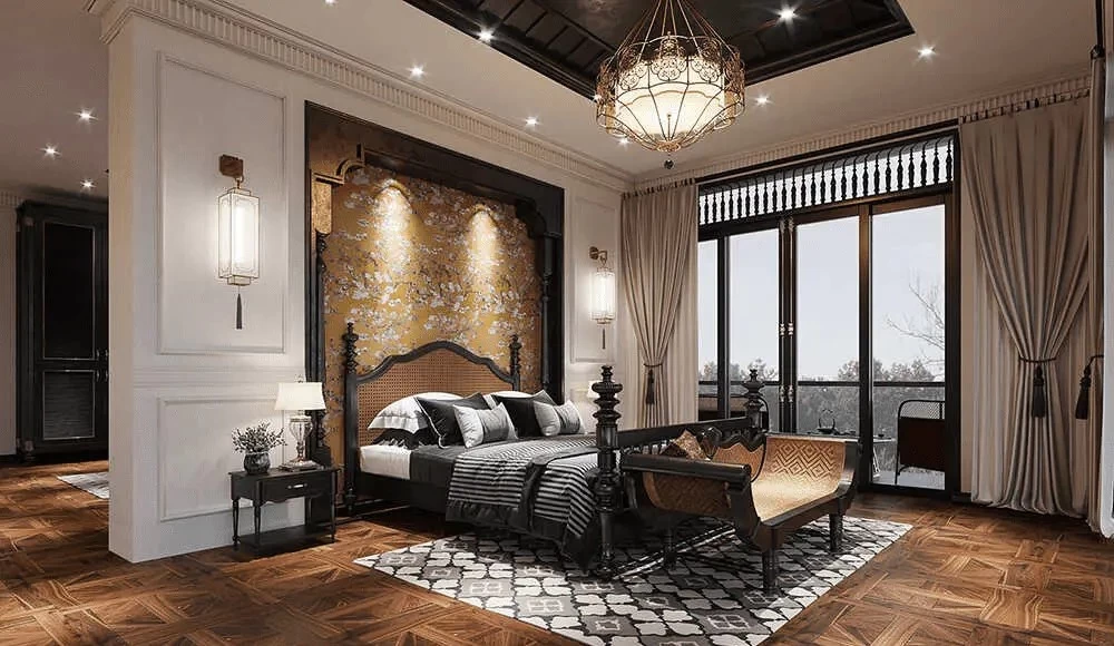 Phòng ngủ Indochine sử dụng tone màu nâu đất, thích hợp với gia chủ mệnh Kim