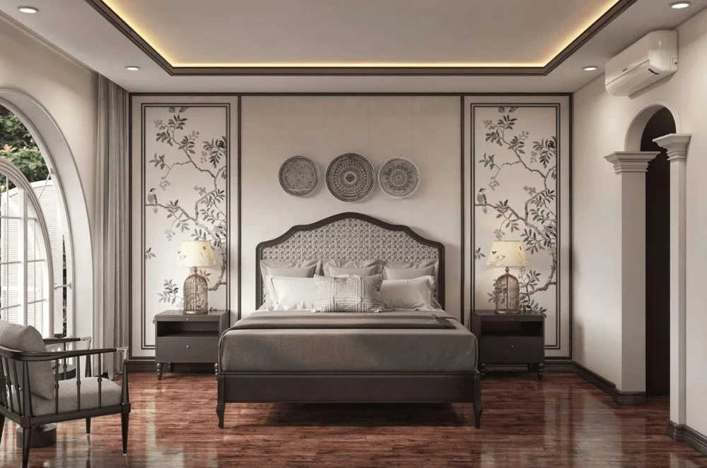 Phòng ngủ Indochine sử dụng tone màu trắng - xám, thích hợp với gia chủ mệnh Thủy