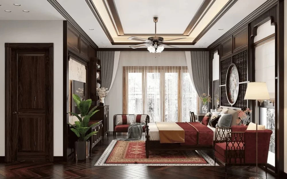 Phòng ngủ Indochine điểm xuyết tone màu đỏ, thích hợp với gia chủ mệnh Hỏa