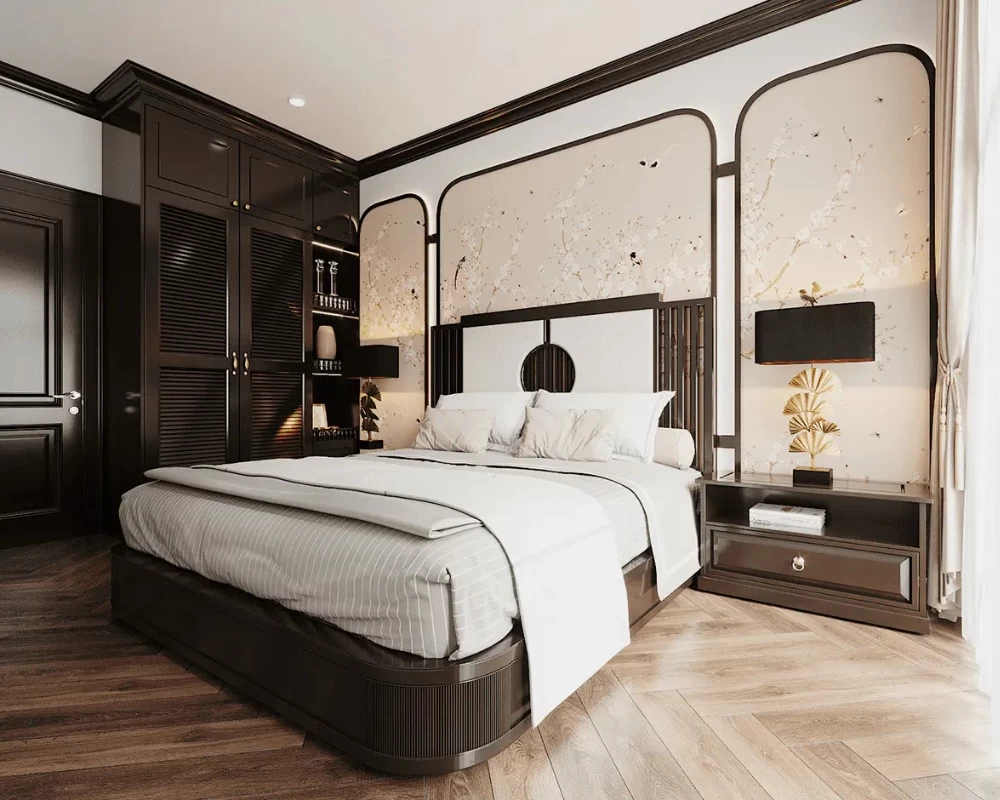 Phòng ngủ Indochine ưu tiên sử dụng chất liệu gỗ