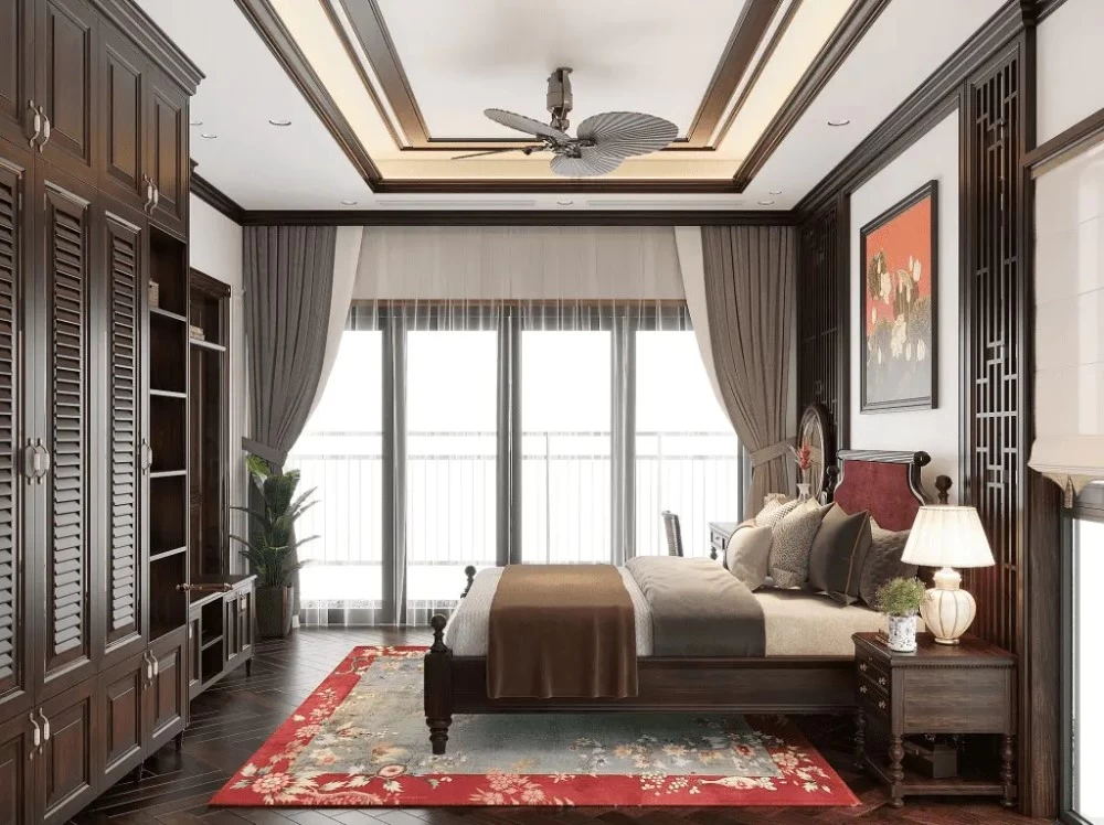 Phòng ngủ Indochine có sử dụng gam màu đỏ, thích hợp với gia chủ mệnh Thổ