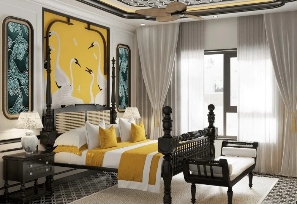 Phòng ngủ phong cách Đông Dương được trang trí bằng các hoa văn cách điệu, tinh tế