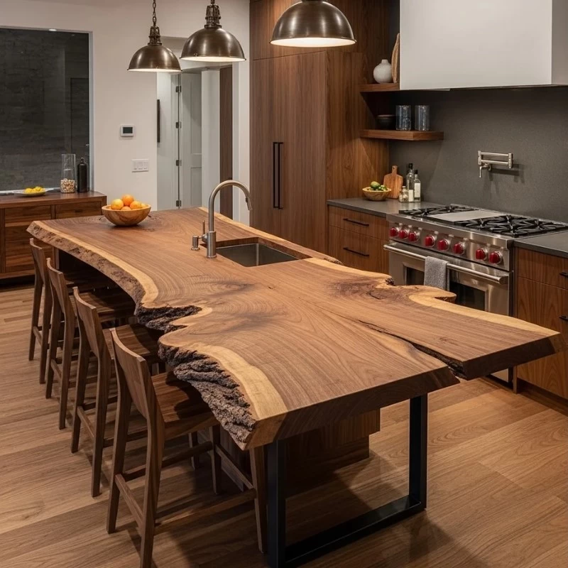 Mẫu đảo bếp bằng gỗ tự nhiên, thích hợp với phong cách Wabi Sabi hoặc Rustic