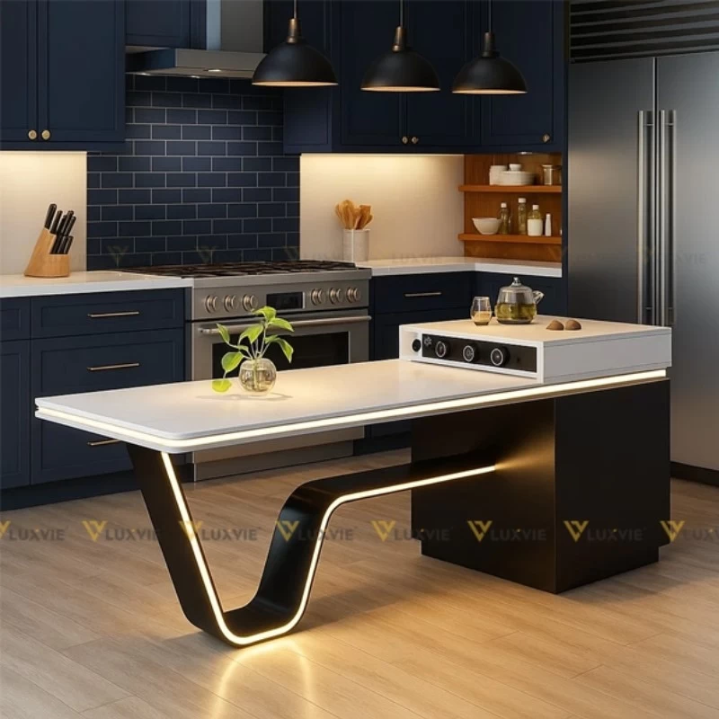 Mẫu đảo bếp mặt đá sang trọng có gắn đèn LED hiện đại của đơn vị Luxvie