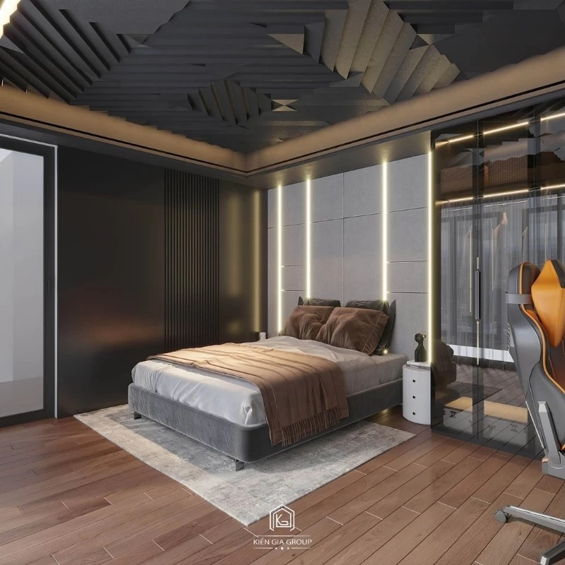Mảng tường đầu giường và tủ quần áo có gắn thanh đèn LED tạo nên vẻ sang trọng
