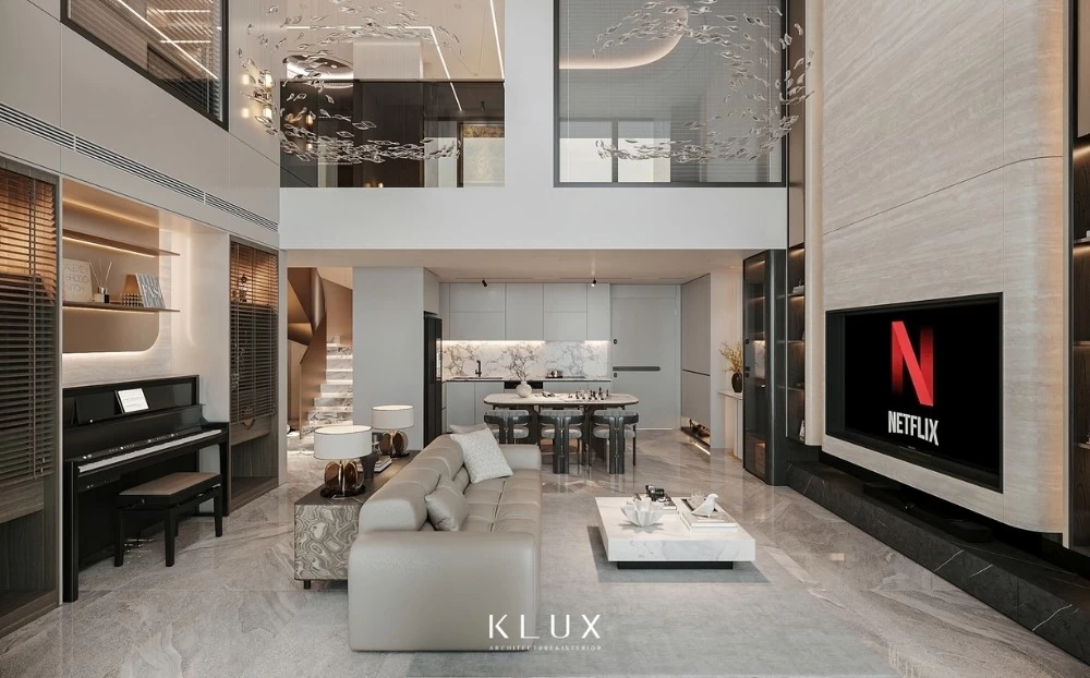 Toàn cảnh không gian phòng khách của căn hộ Duplex Sky Forest