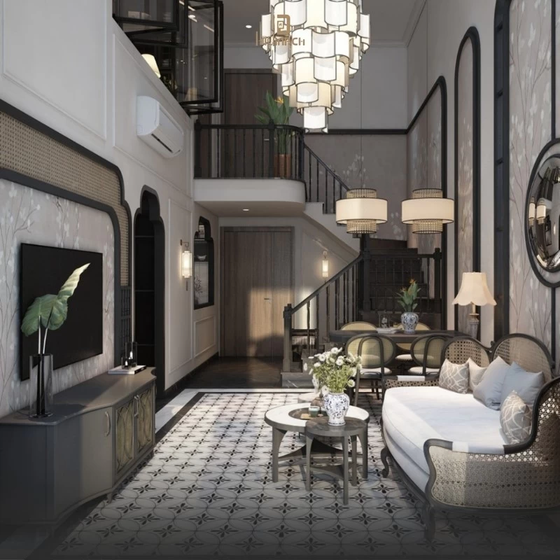 Mẫu thiết kế phòng khách Indochine cao cấp cho căn hộ Duplex Opera Residence