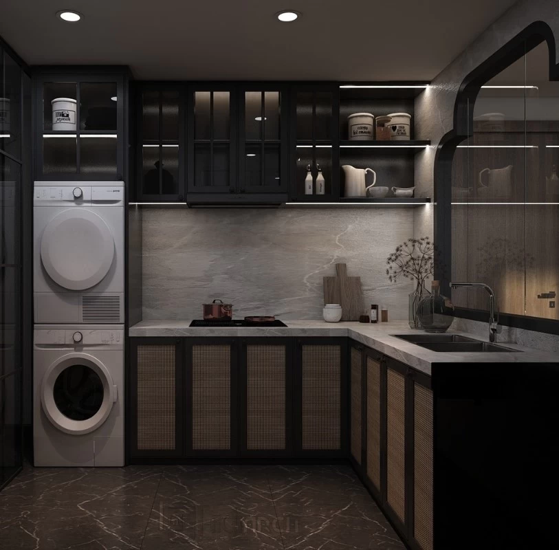 Tủ bếp sử dụng chất liệu gỗ và mây đan