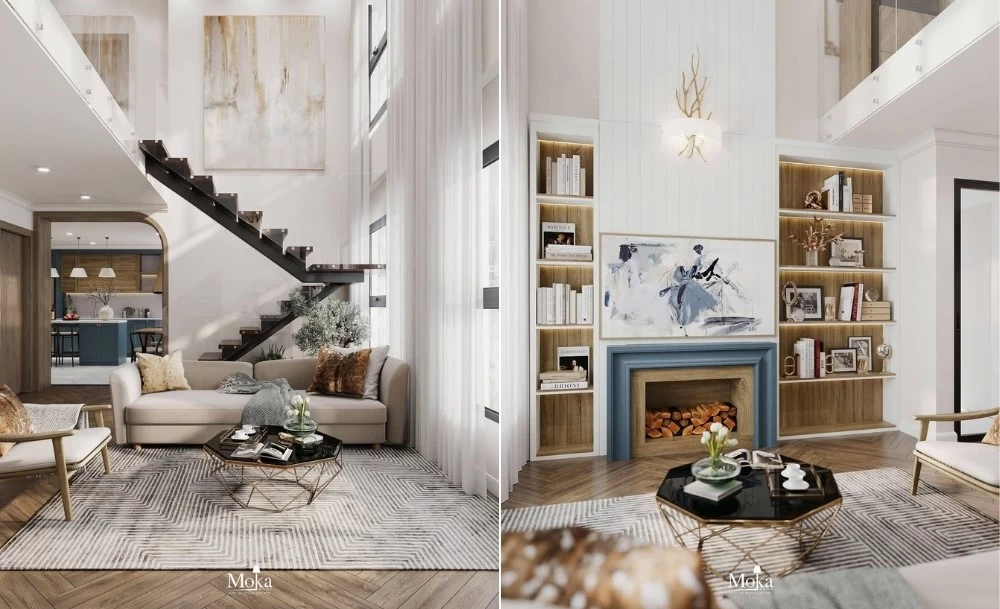 Không gian phòng khách của căn hộ Duplex theo phong cách Scandinavian