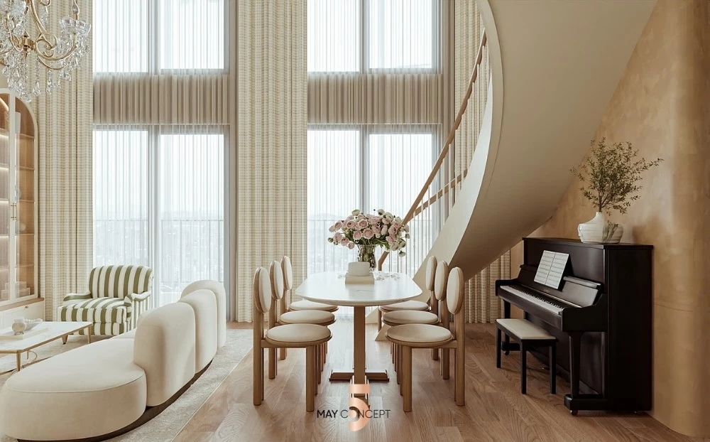Phòng khách có kết hợp khu vực bàn ăn và khu vực chơi đàn piano