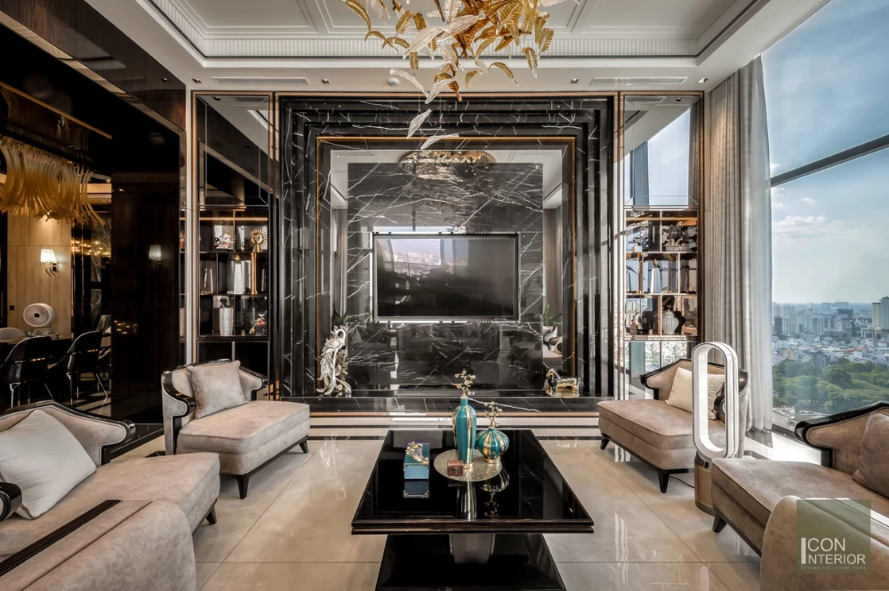 Phòng khách căn hộ Penthouse The Marq toát lên vẻ sang trọng, đẳng cấp