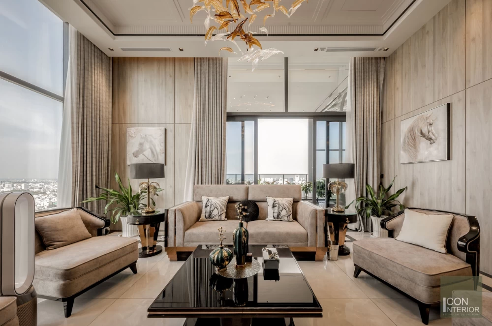 Phòng khách Penthouse có view nhìn ra toàn cảnh thành phố