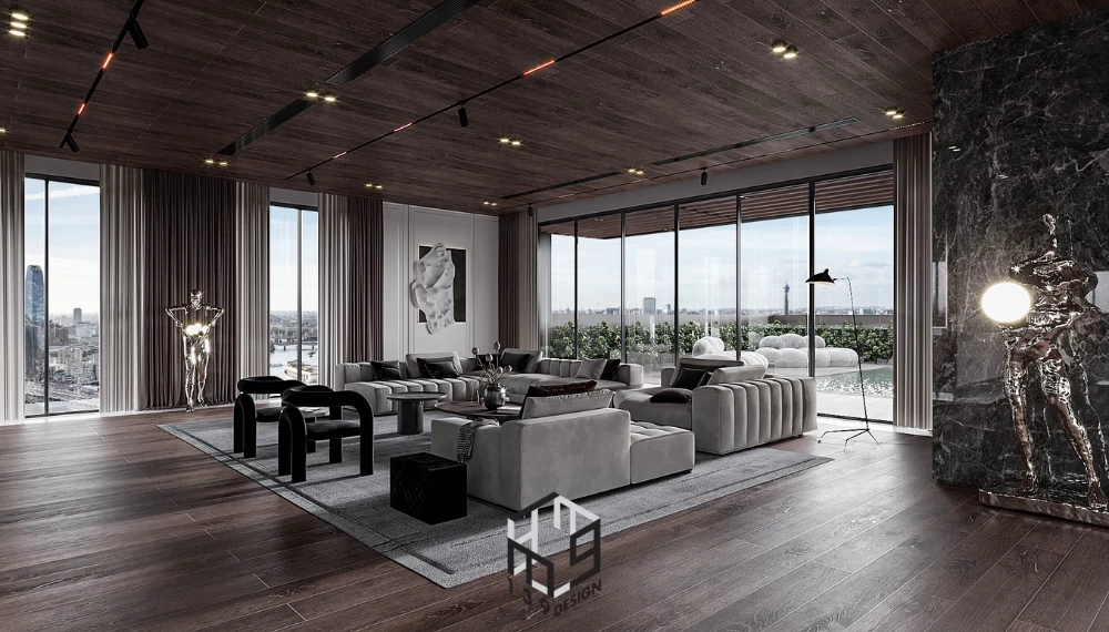 Không gian phòng khách Penthouse rộng rãi với thiết kế hệ cửa kính kịch trần