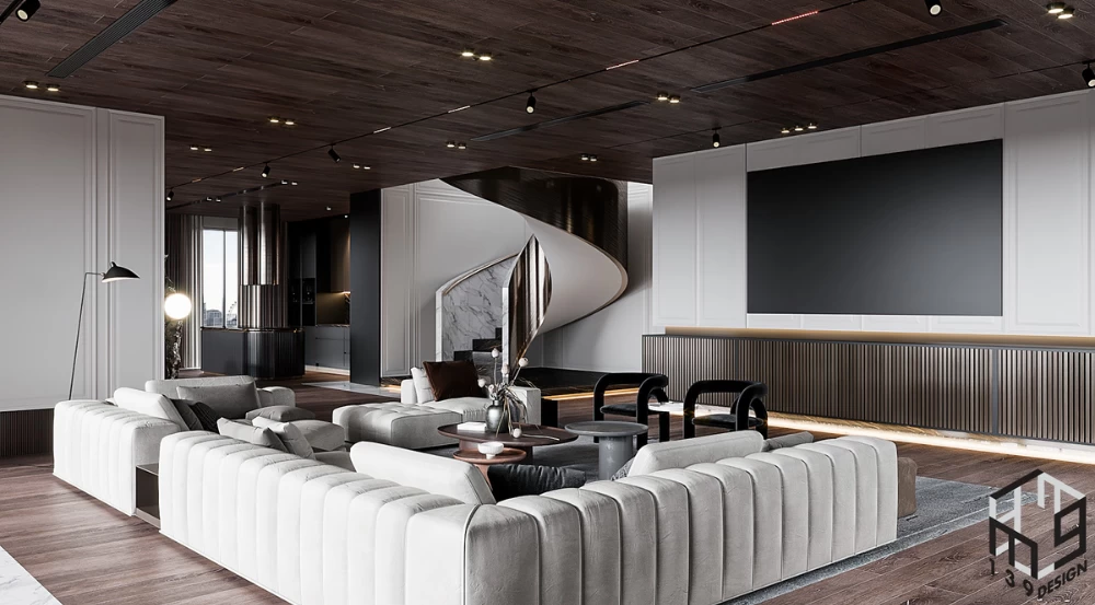 Thiết kế cầu thang xoắn độc đáo bên trong phòng khách căn hộ Penthouse Diamond Island