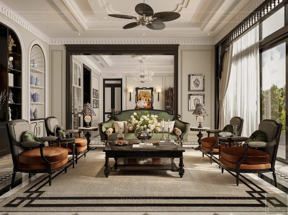 Thiết kế phòng khách Penthouse tinh tế, ấn tượng theo phong cách Indochine mix Neo Classic