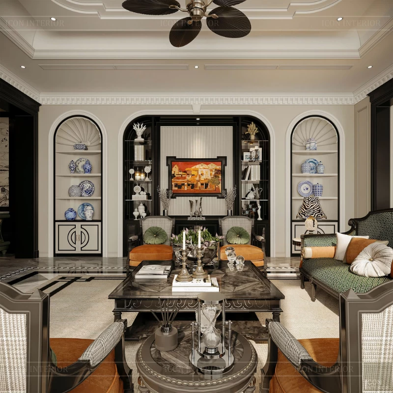 Gốm sứ họa tiết hoa văn xanh trắng là chất liệu thường xuất hiện trong phong cách Indochine