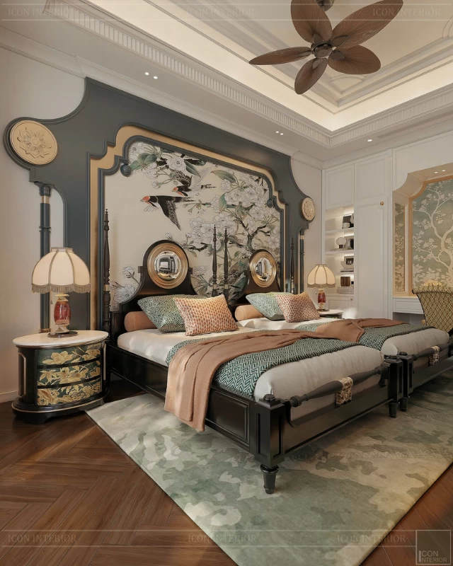 Thiết kế vách đầu giường có hoa văn hoa lá, chim chóc cách điệu