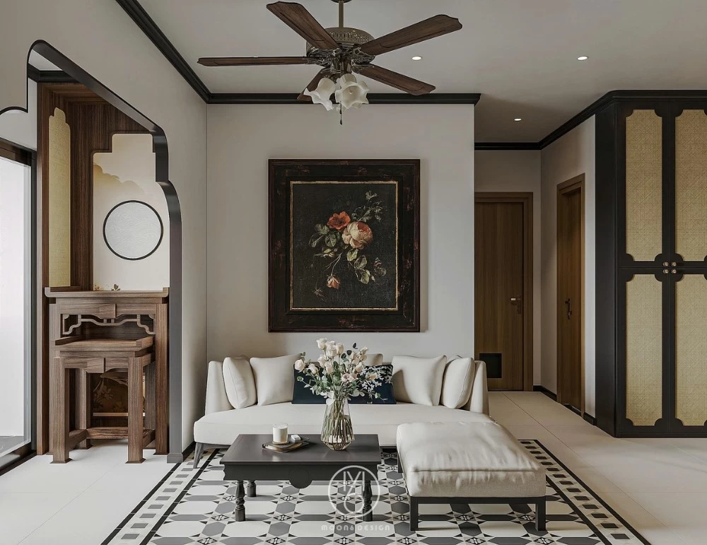 Mẫu thiết kế phòng khách chung cư Indochine có bàn thờ