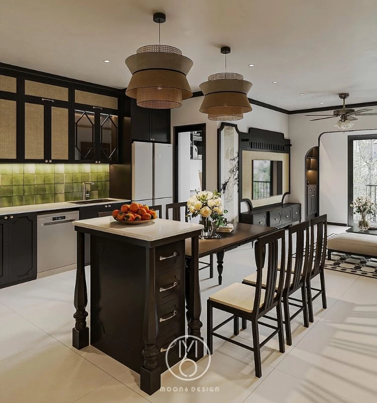 Mẫu thiết kế phòng bếp chung cư Indochine có lắp đặt đèn mây tre tinh tế